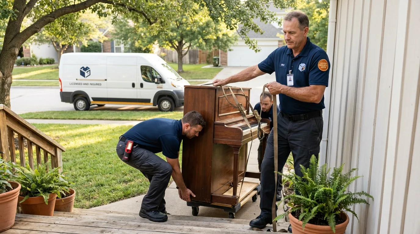 Licensed piano movers securing grand piano in Higganum, CT