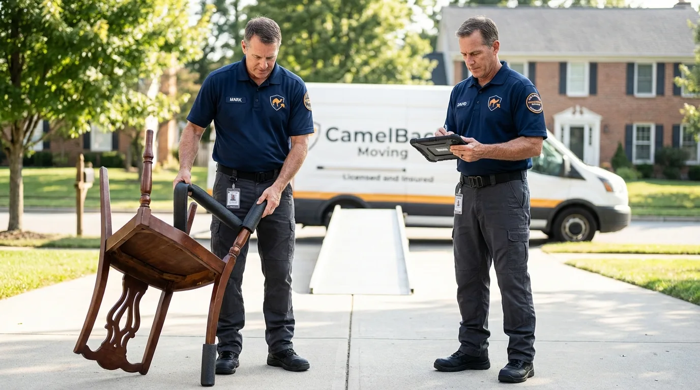 Movers inspecting furniture for damage prevention before loading in Higganum, CT