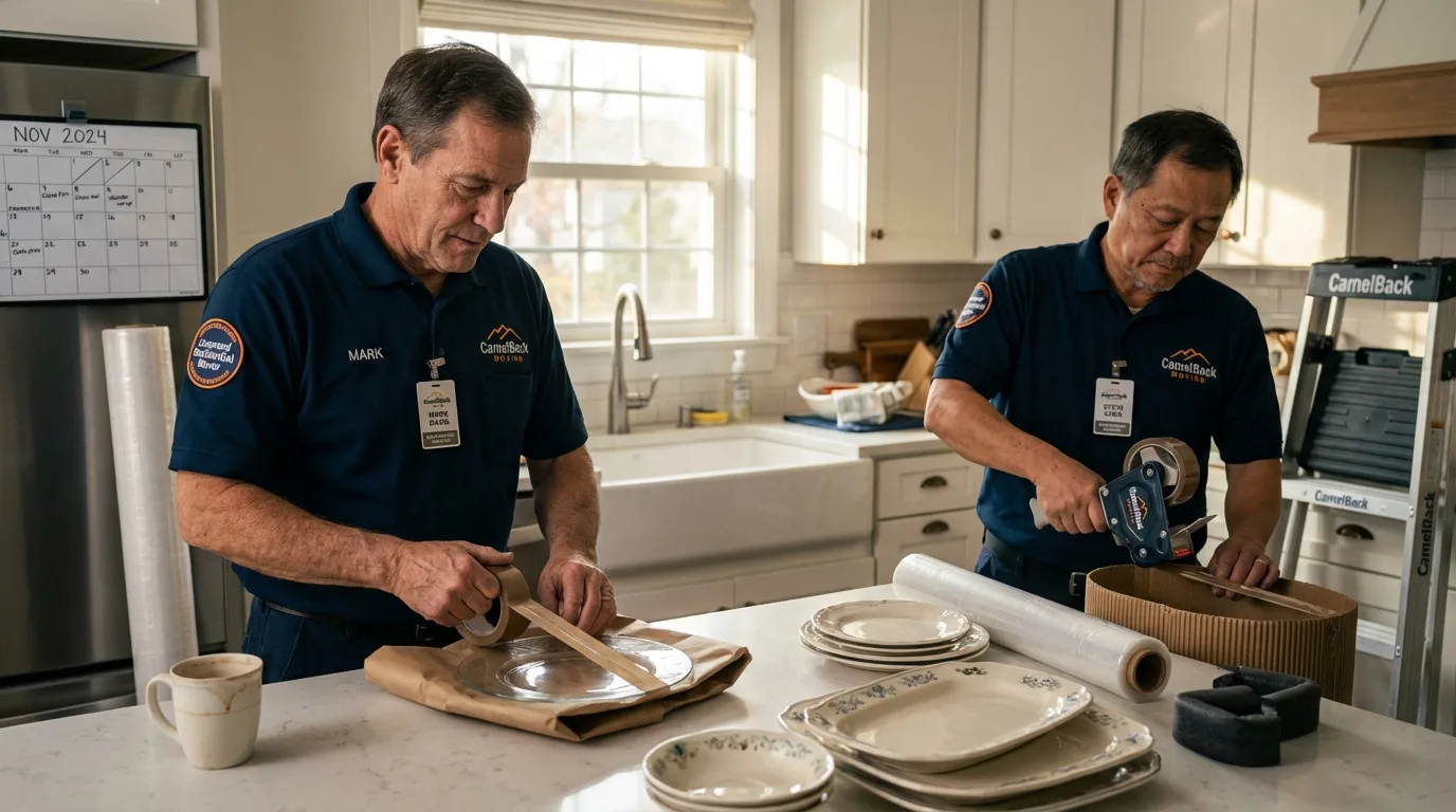Professional crew packing kitchen dishware in Higganum, CT